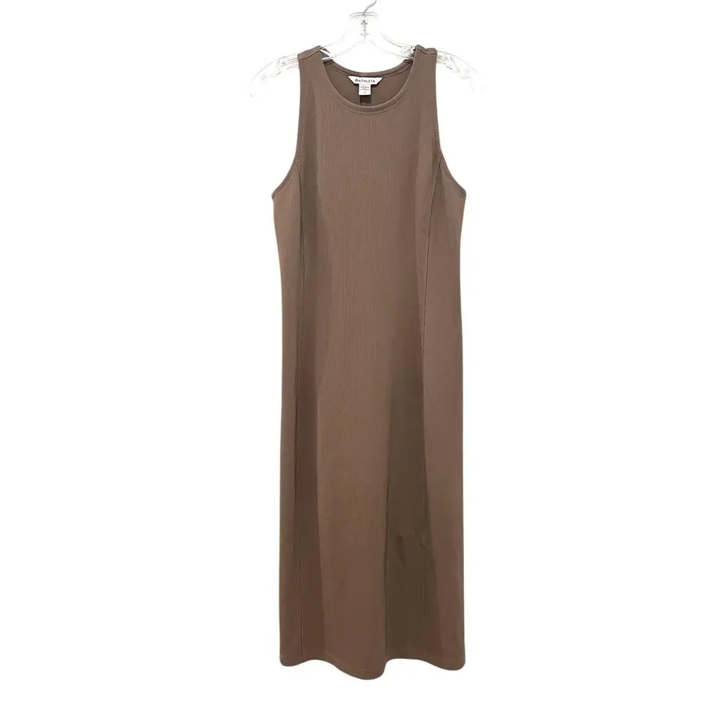 Athleta Dress Womens Medium Brown Ribbed Tank Stretch Knit Midi Athleisure - Picture 3 of 8